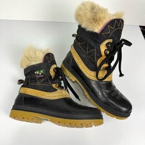 Vintage Tecnica Modes Women's Sz 7.5 Winter Snow Boots Real Fur Trim Black/Tan